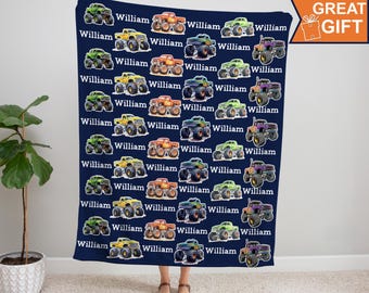 Monster Trucks Blanket Personalized, Monster Trucks Birthday Gift, Monster Truck Baby Boy, Truck Blanket Baby Boy, Car Kids Name Blanket