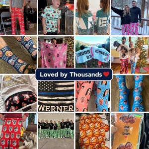Pode incluir: Cole&ccedil;&atilde;o de presentes personalizados, incluindo meias, cobertores e pijamas. Os itens apresentam fotos, texto e padr&otilde;es personalizados. A imagem inclui uma variedade de designs, como bolas de basquete, c&atilde;es e bandeiras. O texto "Loved by Thousands" tamb&eacute;m &eacute; vis&iacute;vel.