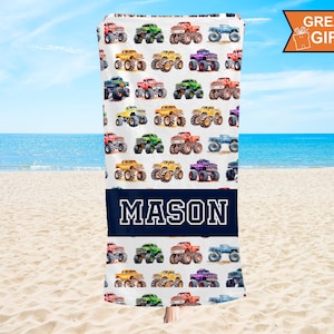 Custom Monster Truck Beach Towels with name, Monster Truck Gifts, Car Truck Gifts, Truck Car Beach Towels