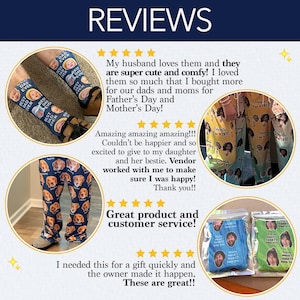 Pode incluir: Imagem mostrando meias e cal&ccedil;as de pijama personalizadas. As meias apresentam rostos e o texto "Best Dad Ever". As cal&ccedil;as de pijama exibem rostos de c&atilde;es. A imagem tamb&eacute;m inclui avalia&ccedil;&otilde;es de clientes.