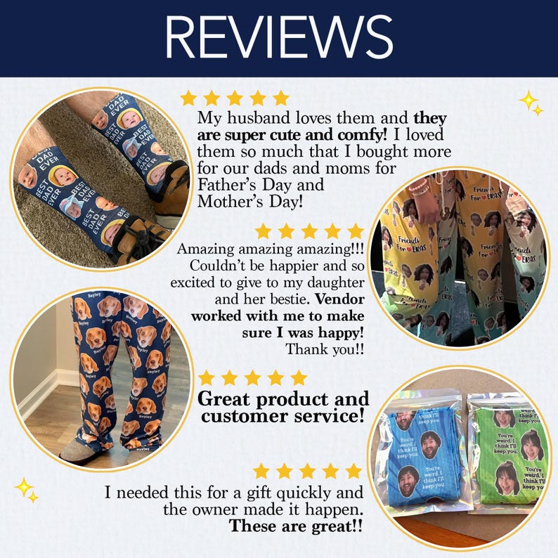 Pode incluir: Imagem mostrando meias e cal&ccedil;as de pijama personalizadas. As meias apresentam rostos e o texto "Best Dad Ever". As cal&ccedil;as de pijama exibem rostos de c&atilde;es. A imagem tamb&eacute;m inclui avalia&ccedil;&otilde;es de clientes.