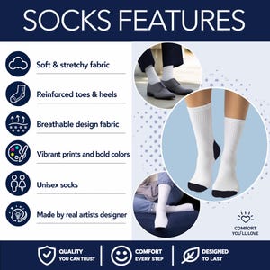 Pode incluir: Imagem de meias brancas com calcanhares e dedos pretos. O texto "SOCKS FEATURES" est&aacute; no topo, com marcadores que destacam caracter&iacute;sticas como tecido macio, dedos refor&ccedil;ados, design respir&aacute;vel, cores vibrantes e design unissexo. A imagem tamb&eacute;m inclui o texto "COMFORT YOU'LL LOVE".