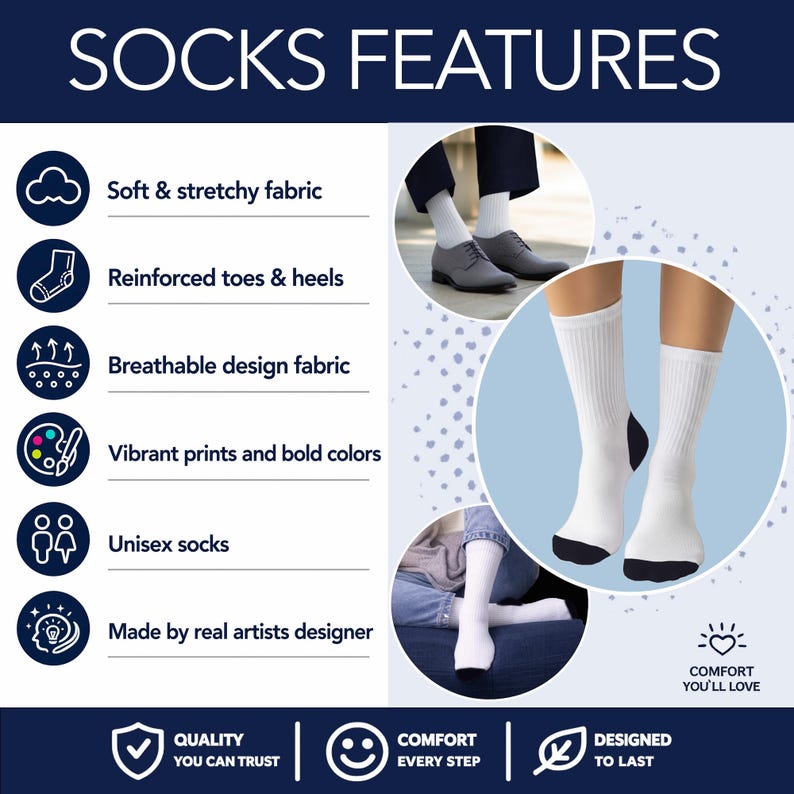 Pode incluir: Imagem de meias brancas com calcanhares e dedos pretos. O texto "SOCKS FEATURES" est&aacute; no topo, com marcadores que destacam caracter&iacute;sticas como tecido macio, dedos refor&ccedil;ados, design respir&aacute;vel, cores vibrantes e design unissexo. A imagem tamb&eacute;m inclui o texto "COMFORT YOU'LL LOVE".