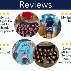 Op de afbeelding: De afbeelding toont vier gepersonaliseerde boxershorts met gezichten erop gedrukt. De shorts zijn in verschillende kleuren, waaronder zwart, blauw en rood, en hebben hartjesmotieven. Het woord "Reviews" staat bovenaan.