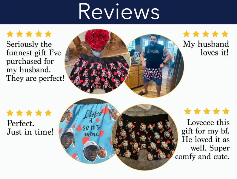 Op de afbeelding: De afbeelding toont vier gepersonaliseerde boxershorts met gezichten erop gedrukt. De shorts zijn in verschillende kleuren, waaronder zwart, blauw en rood, en hebben hartjesmotieven. Het woord "Reviews" staat bovenaan.