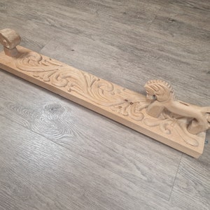 Hand carved Norwegian mangle board with horse handle, deep rose carving, rustic wall hanging, vintage Scandinavian folk wood decor