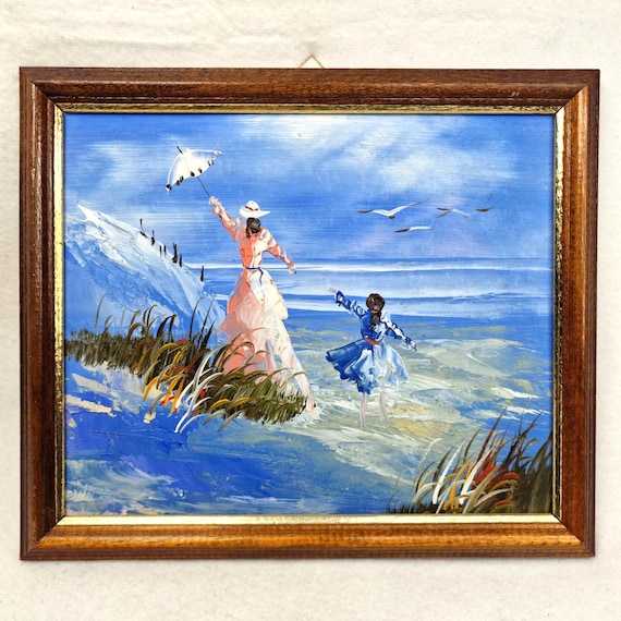 H. CHINH 農村風景 絵画 木製フレーム付き 昭和レトロ 日本画 水彩画 風景画 自然 田畑 山林 木製 フレーム 額縁