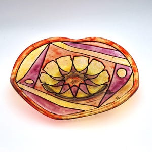 Handmade Fused Glass Bowl With Abstract Geometric Design, Multicolor Decorative Art Dish, Unique Centerpiece Gift For Her Or Home