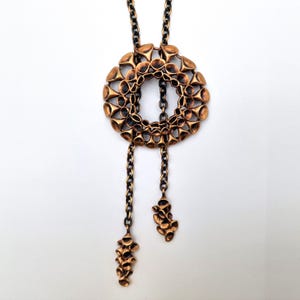 Rare Hannu Ikonen bronze necklace, Reindeer Moss design, Valo-Koru Finland, brutalist pendant with back dangles, Scandinavian jewelry