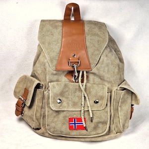 canvas backpack faux leather trim Canvas Rucksack by Spekebua With Faux Leather Trim and Rope Closure –  Classic Norwegian Backpack With Rustic Explorer and Cabin-ready Style