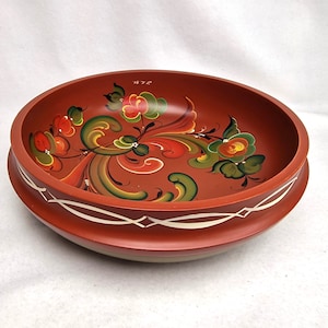 Vintage Norwegian Rosemaling Bowl – Handpainted Scandinavian Folk Art Wooden Dish, Red Ale Serving Bowl with Floral Nordic Design
