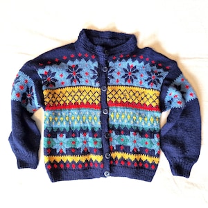 Hand-Knitted Norwegian Vintage Cardigan, Nordic Folk Sweater, Fair Isle Knit, Warm Winter Jacket, Kids 6-8 Yrs, Unisex Scandinavian Style