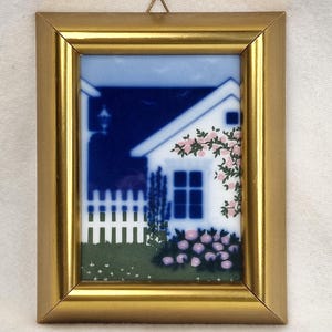 Vintage Porsgrund framed porcelain art tile by Anne Marie Ødegaard, Scandinavian hand-painted collectible, unique Norwegian wall decor