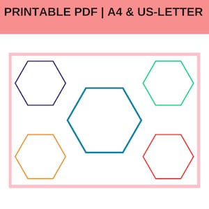 May include: Printable PDF with five blank hexagons in different colors: purple, teal, green, orange, and red. The hexagons are arranged in a symmetrical pattern on a white background.