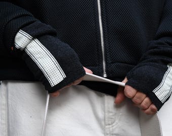 GLOVELY Signature Line natural wool fingerless gloves, Charcoal with white leather accent to elevate your outfit and stay warm