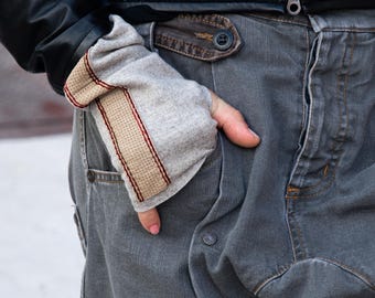 GLOVELY Signature Line natural wool fingerless gloves, Beige wool with sand leather accent to elevate your outfit and stay warm