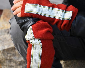 GLOVELY Signature Line wool fingerless gloves, 10-inch, Red wool with white leather accent.
