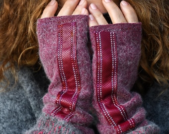 GLOVELY Signature Line wool fingerless gloves, 10-inch, light red wool with strawberry red leather accent
