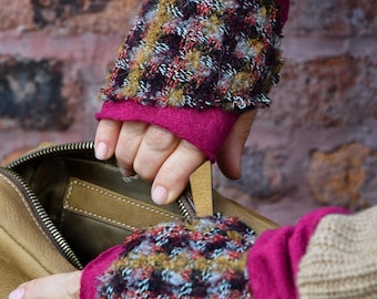GLOVELY Bespoke designer wool fingerless gloves, Fuschia wool with multi-color accents to elevate your outfit and stay warm