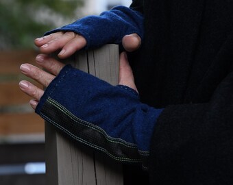 GLOVELY Signature Line wool fingerless gloves, 10-inch, Cobalt blue with brown leather accent.