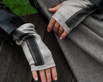 GLOVELY Signature Line natural wool fingerless gloves, 10-inch, Beige wool with dark grey leather accent.