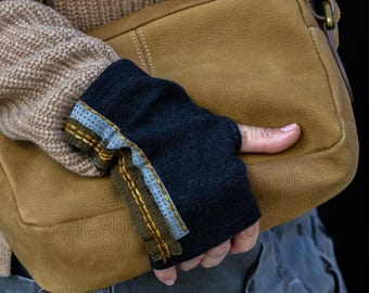 GLOVELY designer wool fingerless gloves, Charcoal with brown and gray accents to elevate your outfit and stay warm