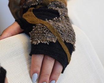 Stylish wool fingerless gloves, 10 inch, NAVY with grey and brown accents.