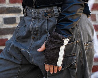 GLOVELY Signature Line wool fingerless gloves, 10-inch, Brown with white leather accent