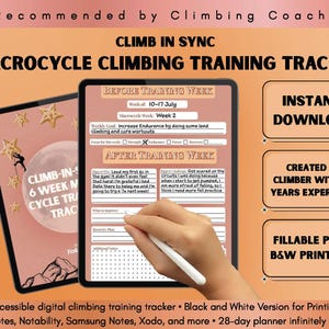 Puede incluir: Seguimiento digital de entrenamiento de escalada en una tableta, con el texto "CLIMB IN SYNC" y "MACROCYCLE CLIMBING TRAINING TRACKER". La imagen incluye el texto "INSTANT DOWNLOAD" y "FILLABLE PDF + B&W PRINTABLE".