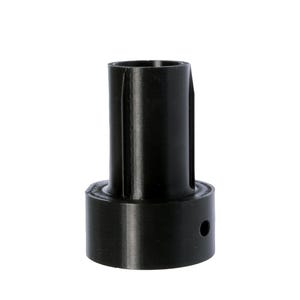May include: A black, cylindrical object with a wide base and a narrower, taller top. The object has a hole on the side of the base. The surface appears to be textured. The object is set against a white background.