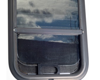 May include: A black framed window with a screen and a white blind. The window is open and the screen is visible. The blind is closed and the slats are horizontal.