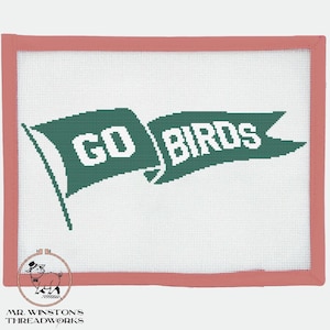 May include: A white canvas with a pink frame, featuring a green and white banner with the text "GO BIRDS".