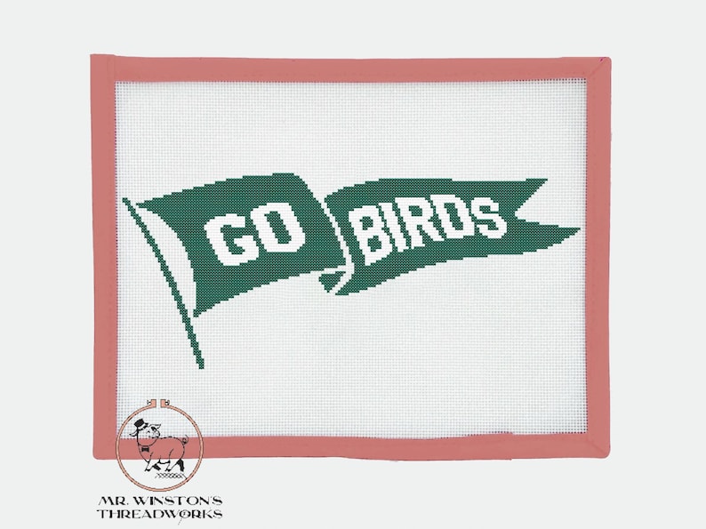 May include: A white canvas with a pink frame, featuring a green and white banner with the text "GO BIRDS".