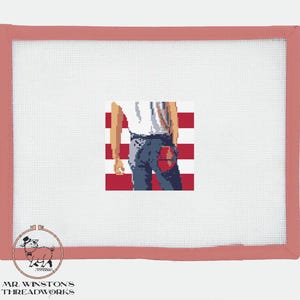 Puede incluir: Lienzo de punto de aguja con una imagen pixelada de una persona con camisa blanca y vaqueros azules, sobre un fondo de rayas rojas y blancas. El lienzo está enmarcado en un borde rojo claro, con el texto "MR. WINSTON'S THREADWORKS" y un logotipo en la parte inferior.