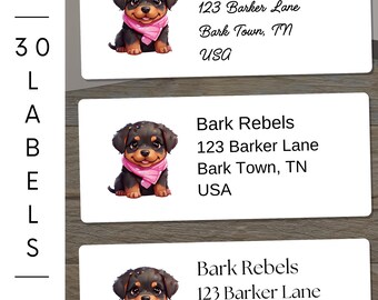 Rottweiler Return Address Labels – Personalized Rottie Dog Lover Mail Stickers, Puppy Address Labels (30 per sheet) pink bandana