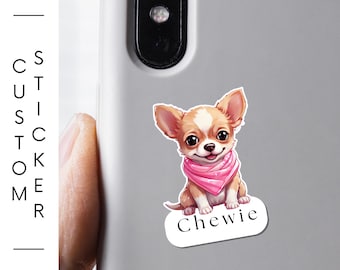 Individuell gestaltbarer Chihuahua-Aufkleber, 1,5 oder 3 Zoll große Welpenaufkleber, wasserfest, kratzfest, Geschenk für Hundeliebhaber, rosa Halstuch
