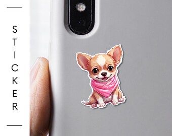Chihuahua-Aufkleber, 1,5 oder 3 Zoll große Welpenaufkleber, wasserfest, kratzfest, Geschenk für Hundeliebhaber, rosa Halstuch