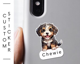 May include: A custom laminated vinyl sticker featuring a cartoon puppy with brown, black, and white fur, labeled "Chewie." The sticker is affixed to a gray phone case. The brand "BarkRebels" is visible in the upper left corner.