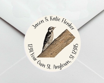 Woodpecker round address labels personalized, Custom mailing labels sticky, Bird return address label stickers, Circle address labels