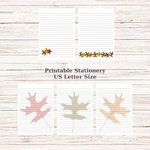 Może przedstawiać: Białe, liniowane arkusze papieru listowego z motywami liści w odcieniach czerwieni, beżu i złota. Na papierze listowym wydrukowano tekst "Printable Stationery US Letter Size". Papier listowy znajduje się na jasnym tle drewnianym.