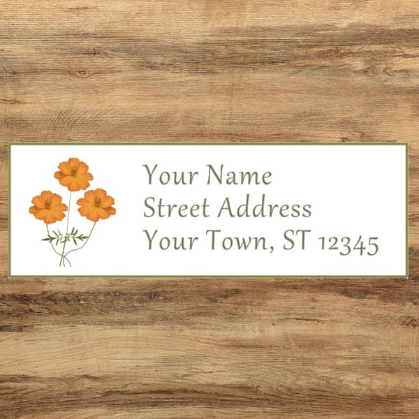 Orange cosmos flower envelope address label stickers, set of 30 customized orange flower labels, botanical personal address labels,