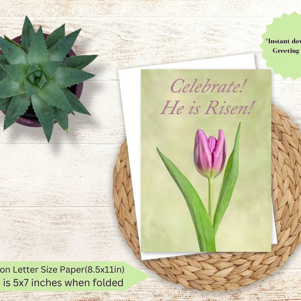 He is risen purple tulip printable Easter card, christian Easter card blank inside cards, diy greeting card Easter gift ideas