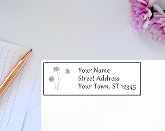 Modern floral envelope addressing stickers, set of 30 black and white return address labels, cosmos flower mailing stickes