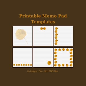 Pode incluir: Seis modelos de bloco de notas imprimíveis em papel branco pautado com ilustrações de folhas de outono. Os designs incluem folhas únicas, bordas e fileiras inferiores de folhas amarelo-alaranjadas. Texto: Printable Memo Pad Templates e 6 designs 3in x 3in PNG files.