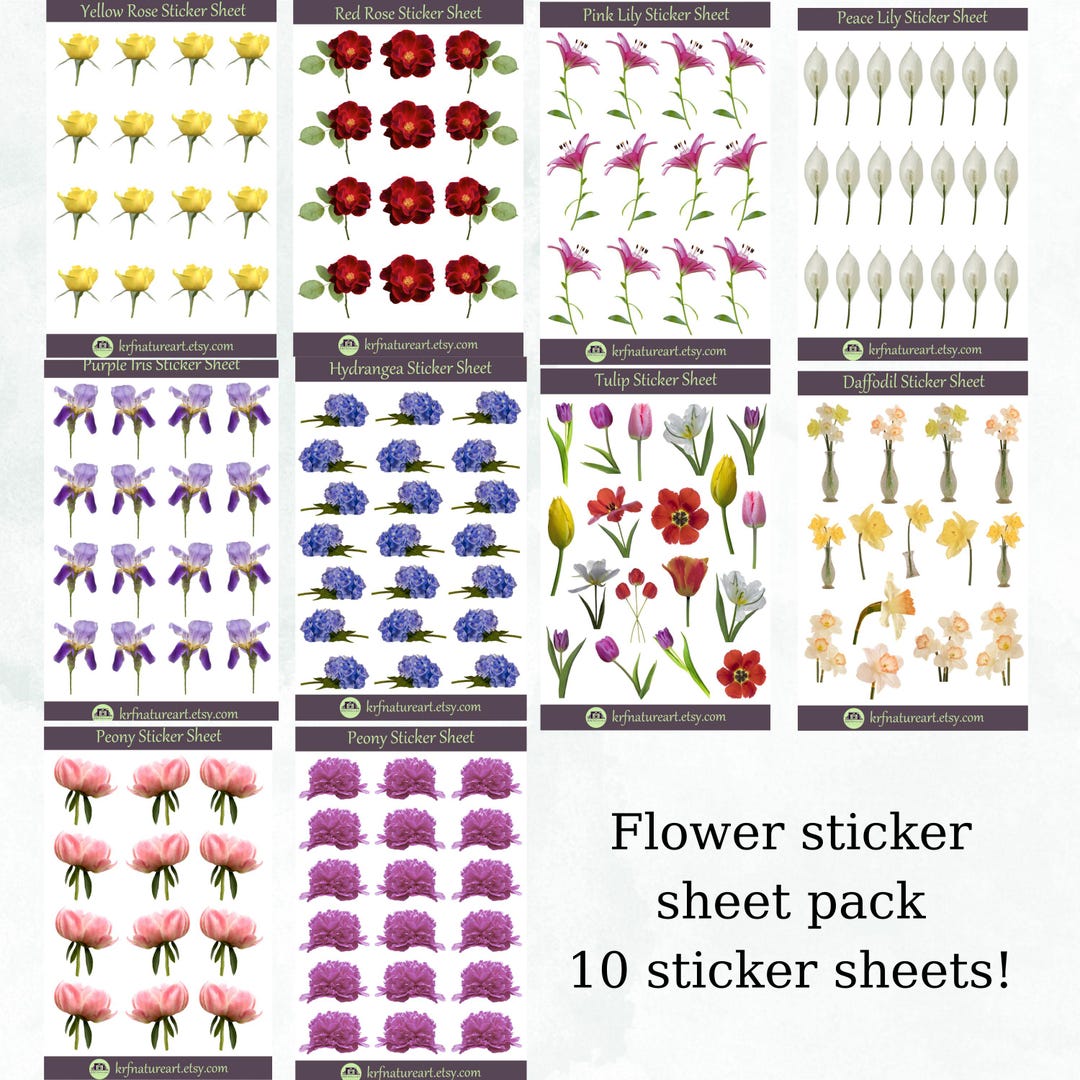Assorted Flowers Sticker Sheet Bundle, Flower Planner Stickers Set ...