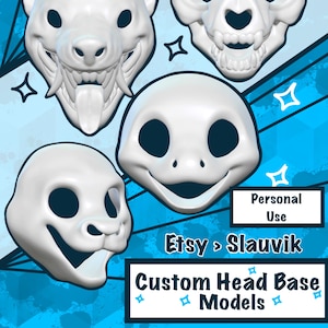 Puede incluir: Cuatro modelos de bases de cabeza personalizadas blancas, incluyendo un perro, una calavera y otros dos dise&ntilde;os de criaturas. La imagen incluye el texto "Personal Use", "Etsy > Slauvik" y "Custom Head Base Models". El fondo es azul con estrellas blancas.