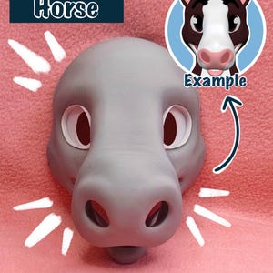 May include: A gray horse fursuit base with white eyes and nostrils. The base is made of foam and is ready to be painted. The image also shows an example of a finished fursuit head. *BASE ONLY*