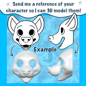Puede incluir: Fondo azul con un dibujo lineal en blanco y negro de una cabeza de hiena y un ejemplo de modelo 3D. El texto dice: "&iexcl;Env&iacute;ame una referencia de tu personaje para que pueda modelarlo en 3D!" y "Ejemplo".