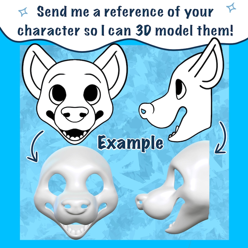 Puede incluir: Fondo azul con un dibujo lineal en blanco y negro de una cabeza de hiena y un ejemplo de modelo 3D. El texto dice: "&iexcl;Env&iacute;ame una referencia de tu personaje para que pueda modelarlo en 3D!" y "Ejemplo".
