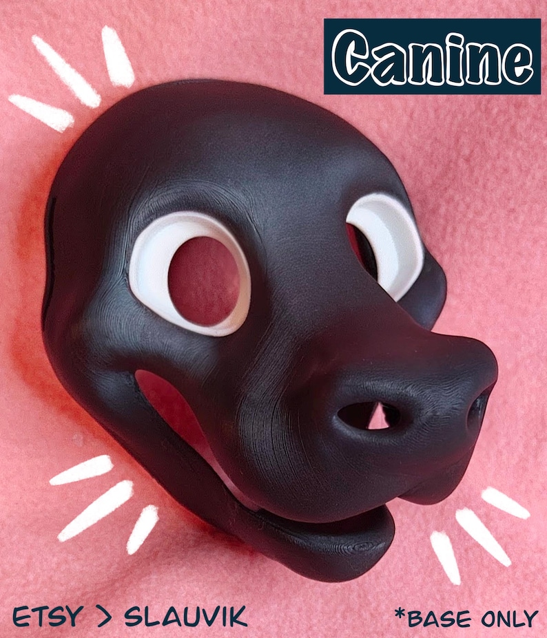 Op de afbeelding: Een zwart hondenmasker met witte oogomrandingen en een prominente snuit. Het woord "Canine" wordt weergegeven in een blauwe rechthoek. De tekst "ETSY > SLAUVIK" en "*BASE ONLY" zijn ook zichtbaar.